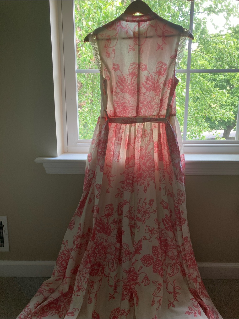 Linen Lace Cap-Sleeve Pink Toile Dress - Picture 4 of 7